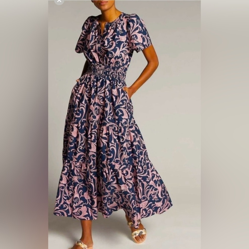 Anthropologie Navy and Pink Maxi Dress